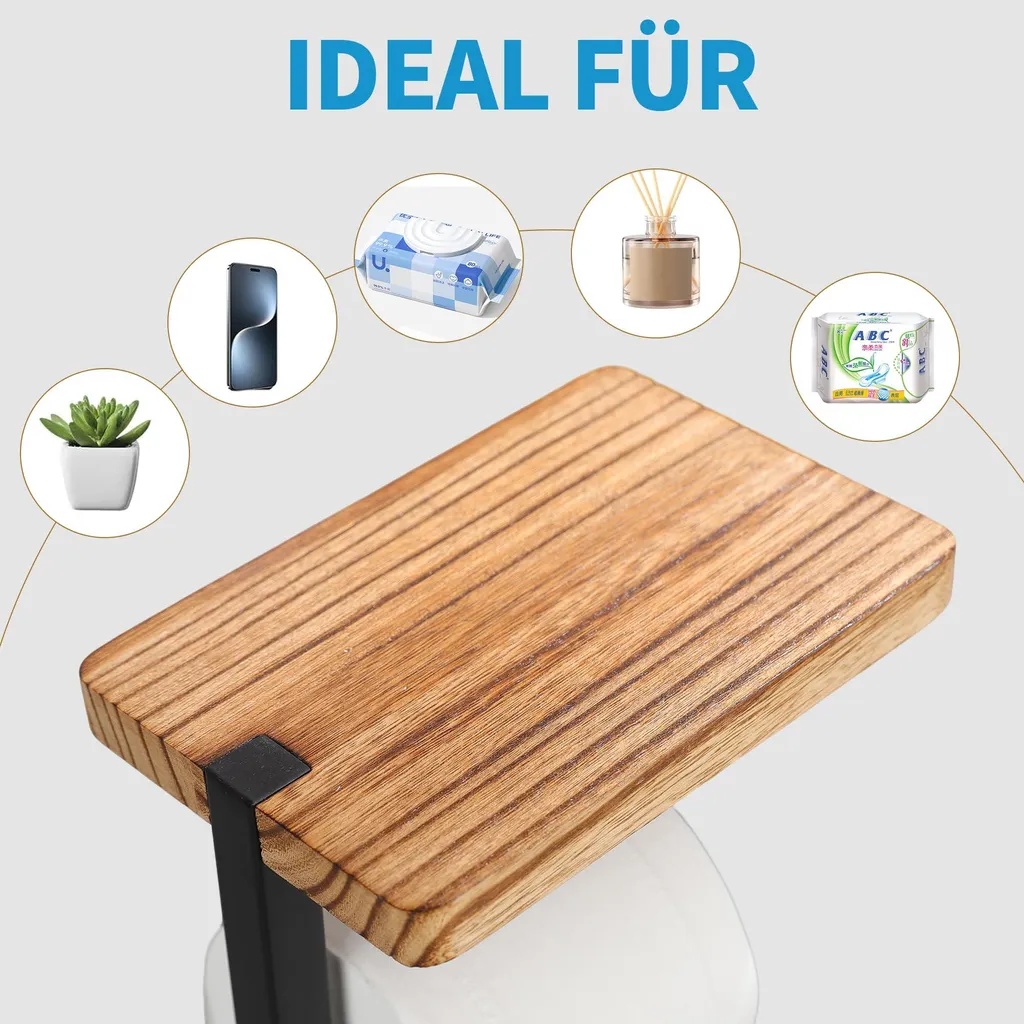 Support papier toilette noir mat sans perçage avec tablette bois intégrée