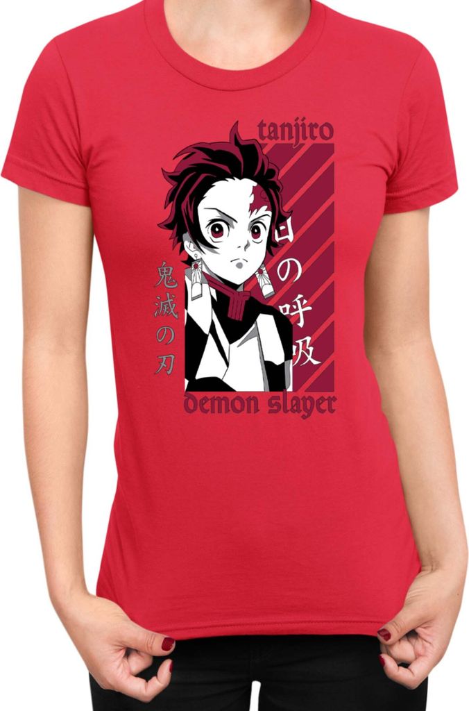 Damen T-Shirt Demon Anime Slayer Kimetsu No Yaiba Tanjiro Kamado 009, Lady L / Rot