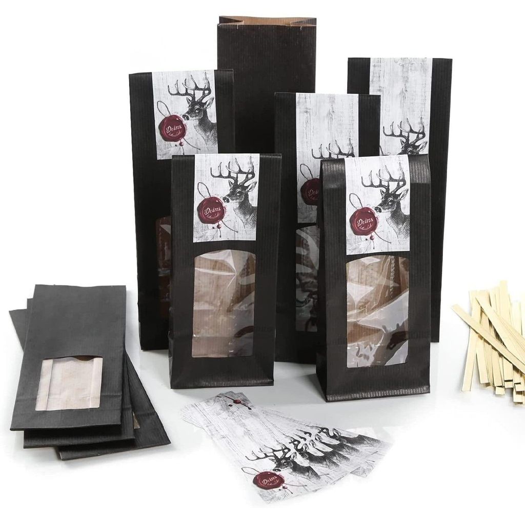 Logbuch-Verlag 10 Geschenktüten zum Befüllen mit Sichtfenster + Aufkleber mit Hirsch DEINS - Geschenk Verpackung Plätzchen Lebensmittel 26,5 x 8...