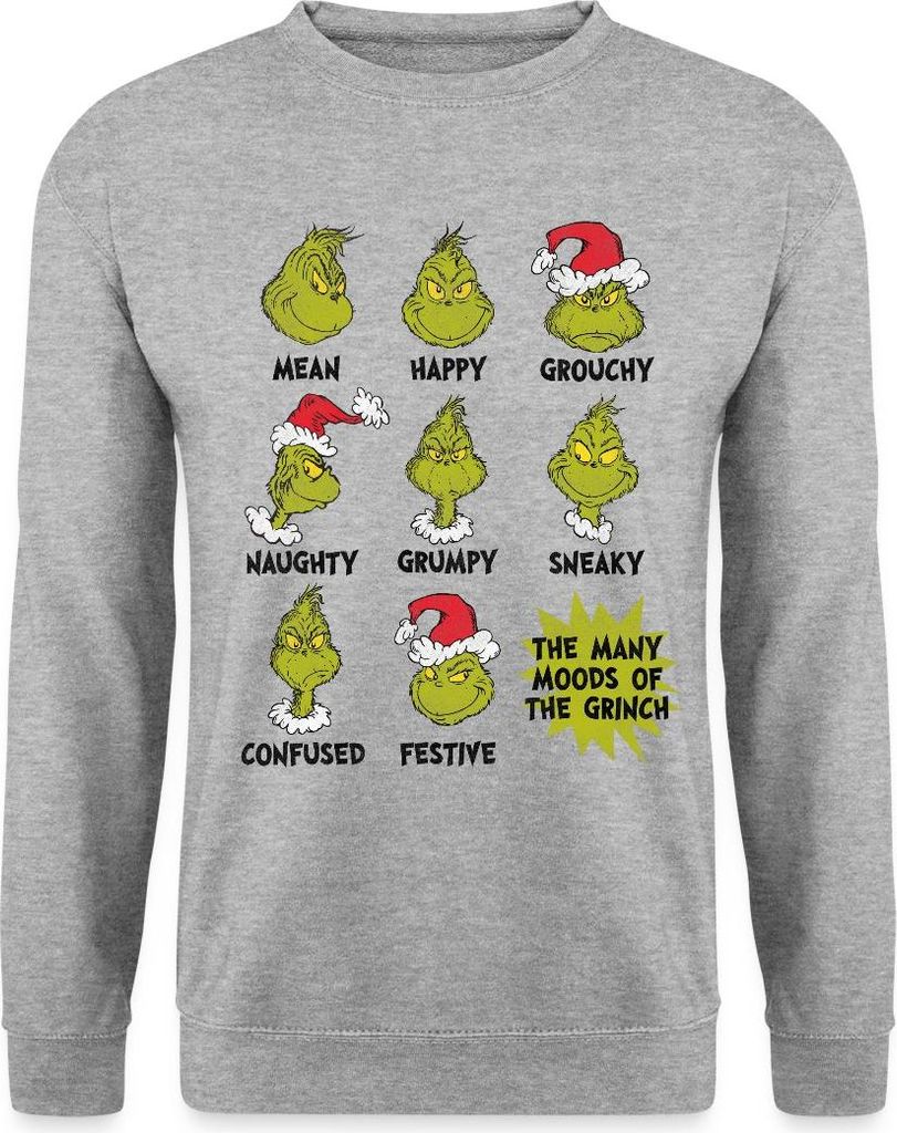 Spreadshirt Der Grinch Moods Of The Grinch Stimmungen Uni Pullover, 3XL, Weißgrau meliert