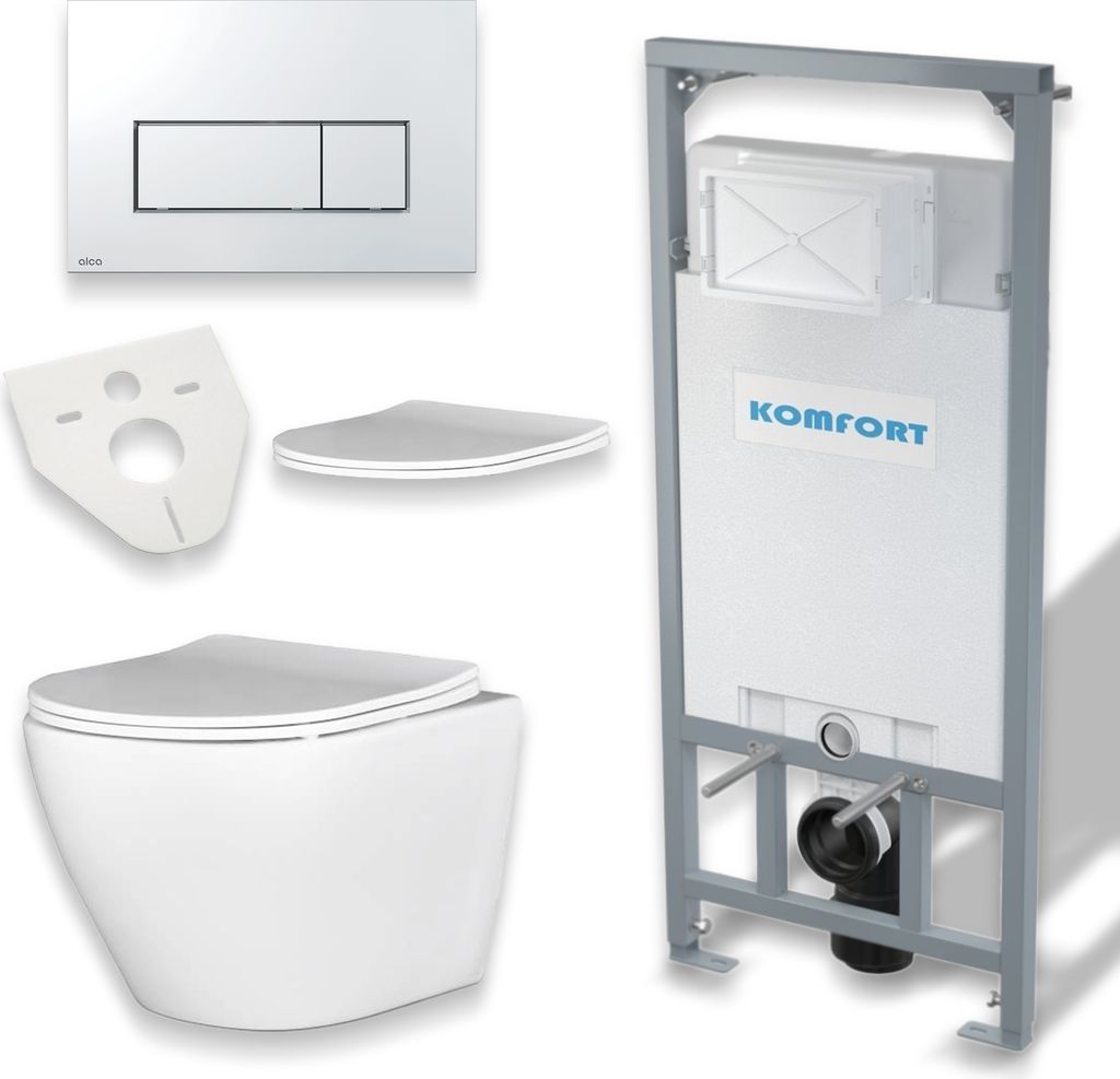 BADLAND WC Set: Vorwandelement C201 inkl. Wand Tiefspül WC Desna Weiß + Betätigungsplatte Chrom M571 + Slim WC-Sitz mit Soft-close + Schallschut...