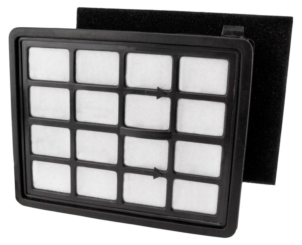 A vacuum cleaner filter and a black foam filter are shown against a white background.