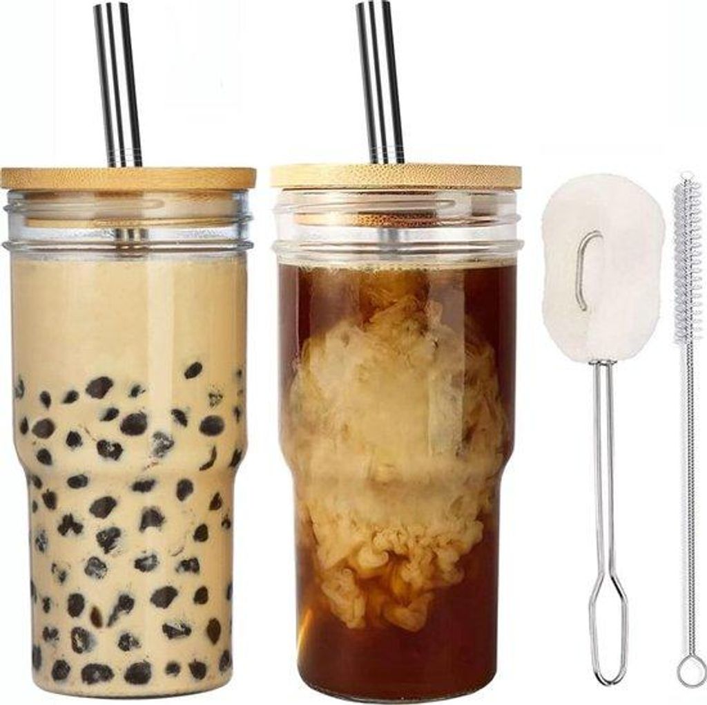 Bubble-Tea-Set mit 2 650-ml-Gläsern, herstellbare Smoothie-Gläser, Boba-Gläser, Reise-Flaschen, breite Hälse, mit Abdeckungen und Edelstahl-Rü...