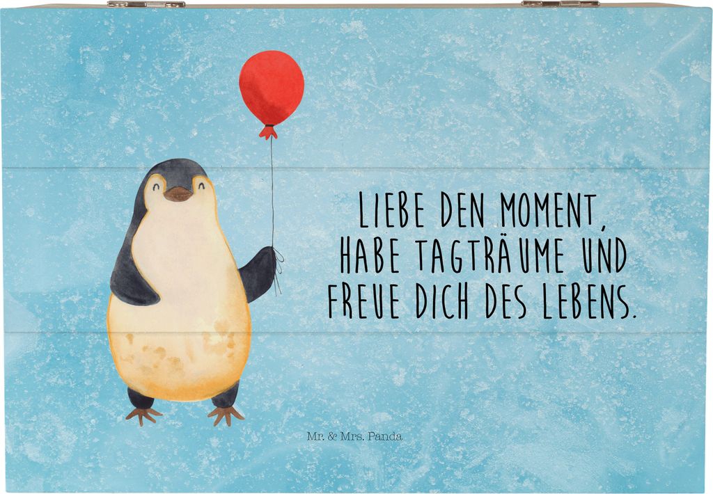 Mr. & Mrs. Panda Geschenkbox Pinguin Luftballon 22 x 15 cm - Eisblau - Geschenk, schatztruhe, Erinnerungsbox, Erinnerungskiste, Liebe, fotobox, Neu...