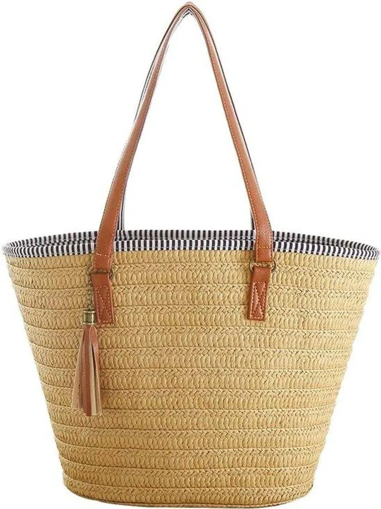 Sac de plage marron en paille avec anses cuir et brosse amovible 45cm