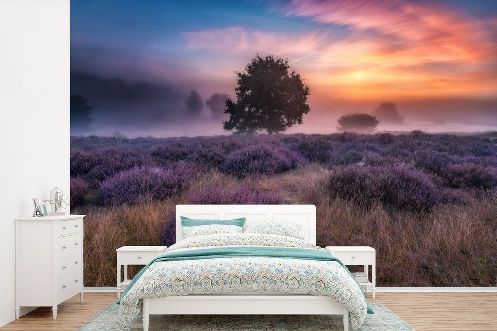 MuchoWow Fototapete für Wohnzimmer oder Schlafzimmer Wandtapete Vinyl Motivtapete Blumen - Lavendel - Himmel - 420x280 cm - Zimmer für Kinder