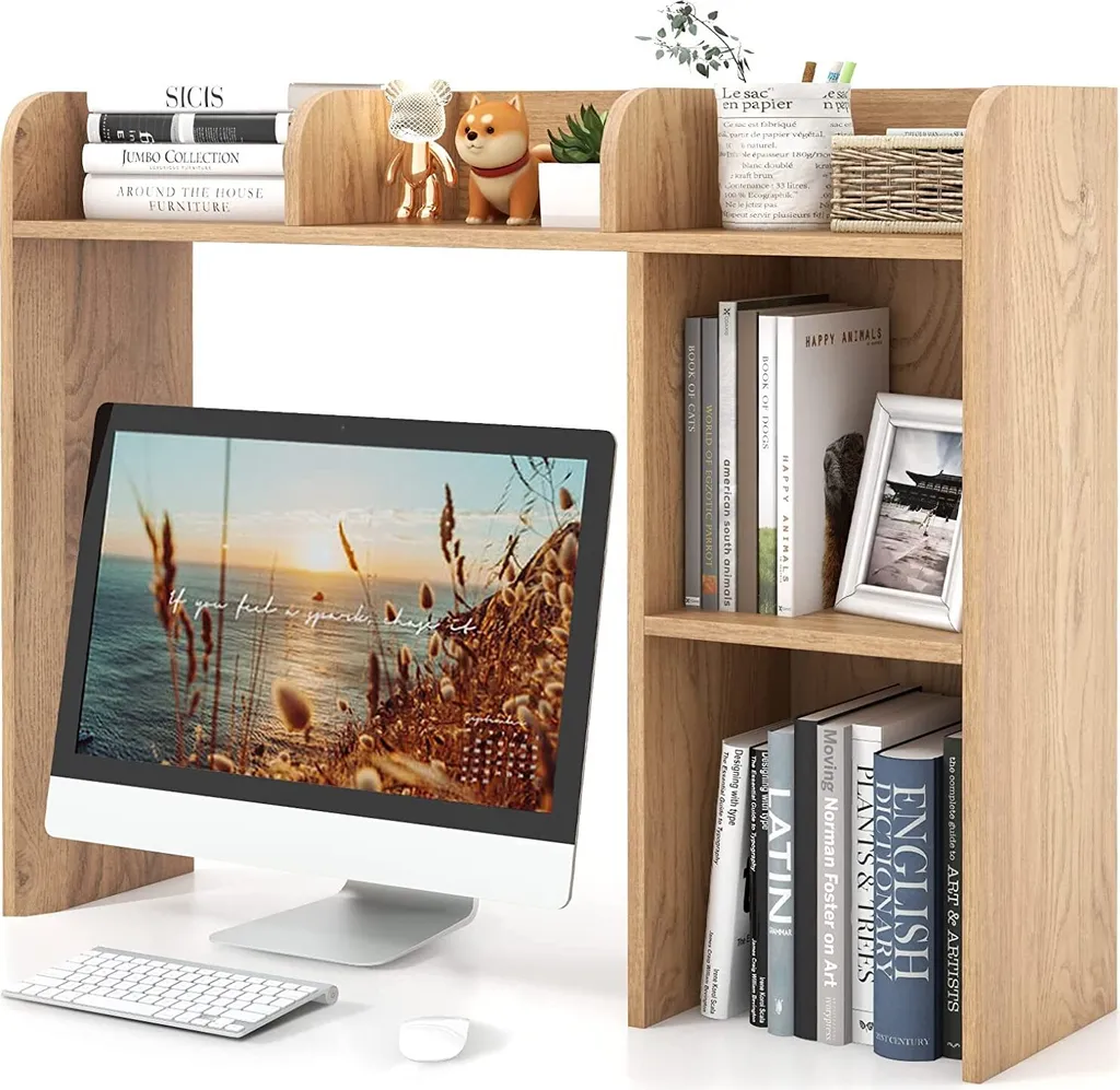 COSTWAY Étagère de Bureau avec 4 Niveaux en Bois Naturel 94x25x74 cm