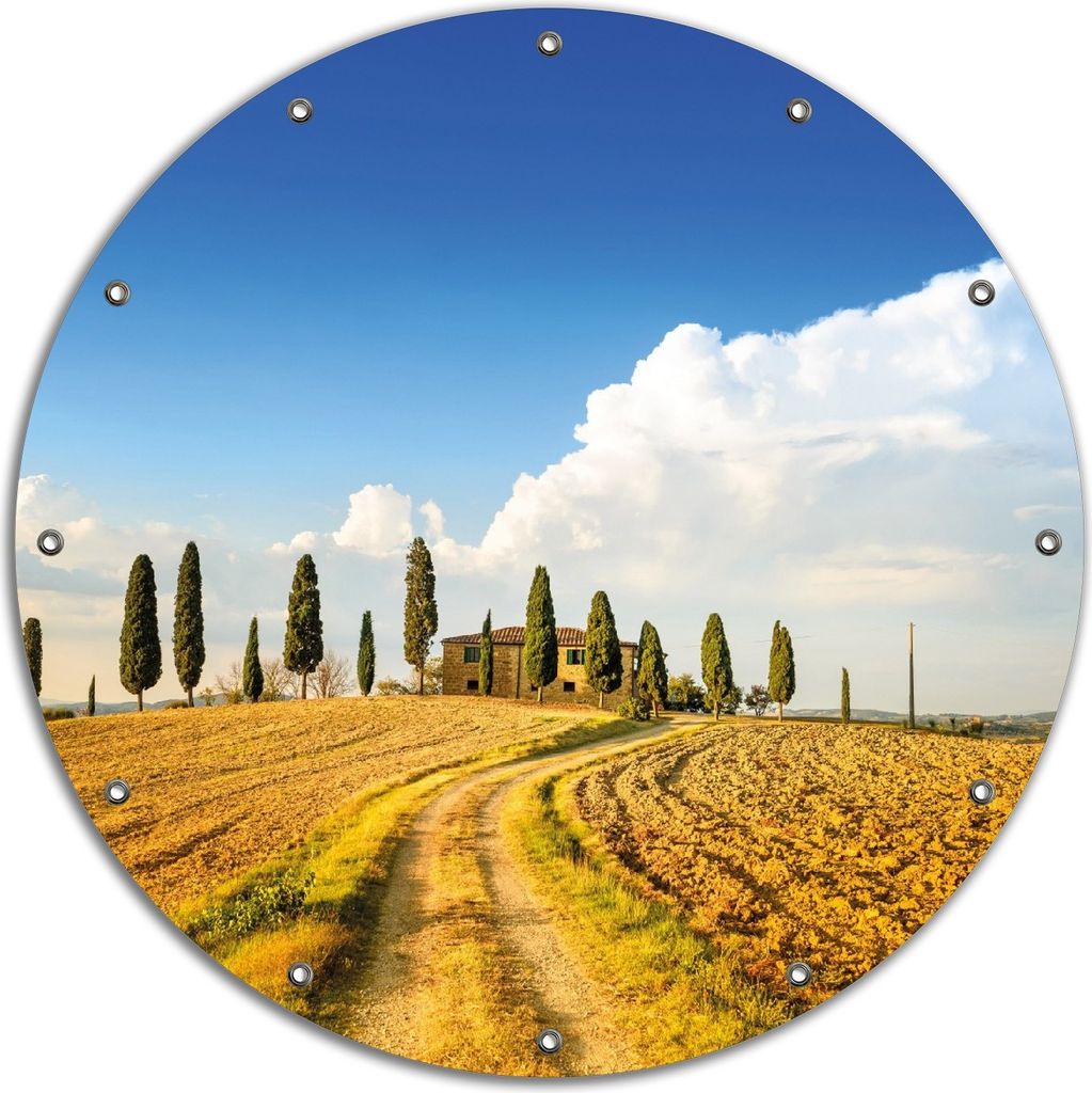 Wallario rundes Outdoor-Poster für Garten oder Balkon, Motiv Italien - Toskana unter blauem Himmel einsame Farm, 90 cm Durchmesser