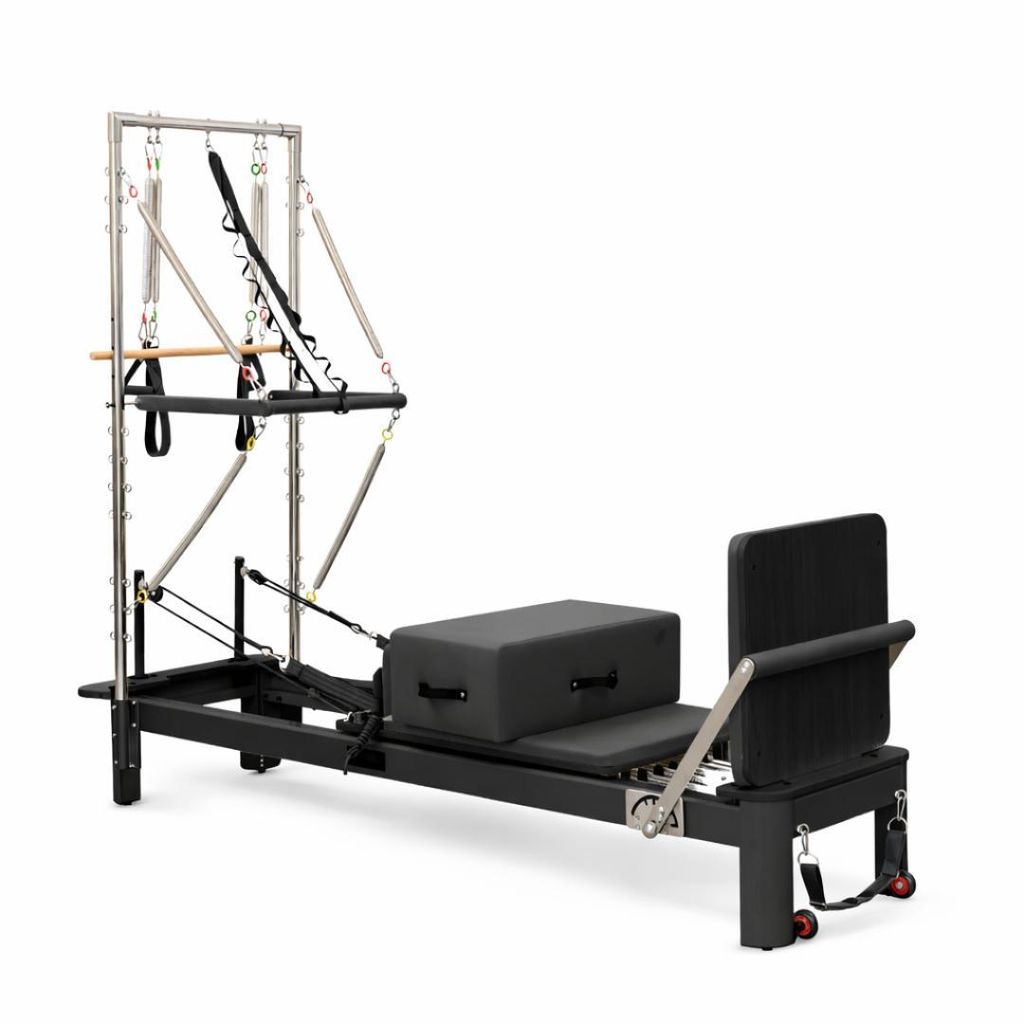 PH Fitness Aluminium Pilates Reformer mit Half Trapeze Tower – Profi Gerät mit 6 Federn, verstellbarer Fußstange & Premium Polsterung - Schwarz