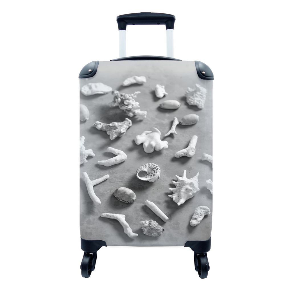 MuchoWow Koffer Handgepäck Trolley Rollkoffer Kleine Reisekoffer mit 4 Rollen - Stilleben mit Muscheln und Steinen - schwarz und weiß - Cabin S...