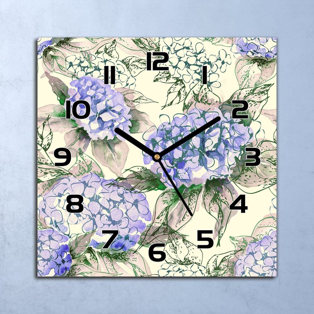 Wanduhr Echt-Glas-Küchenuhr Hortensia grün lila Quarz 30x30 Deko Bilder