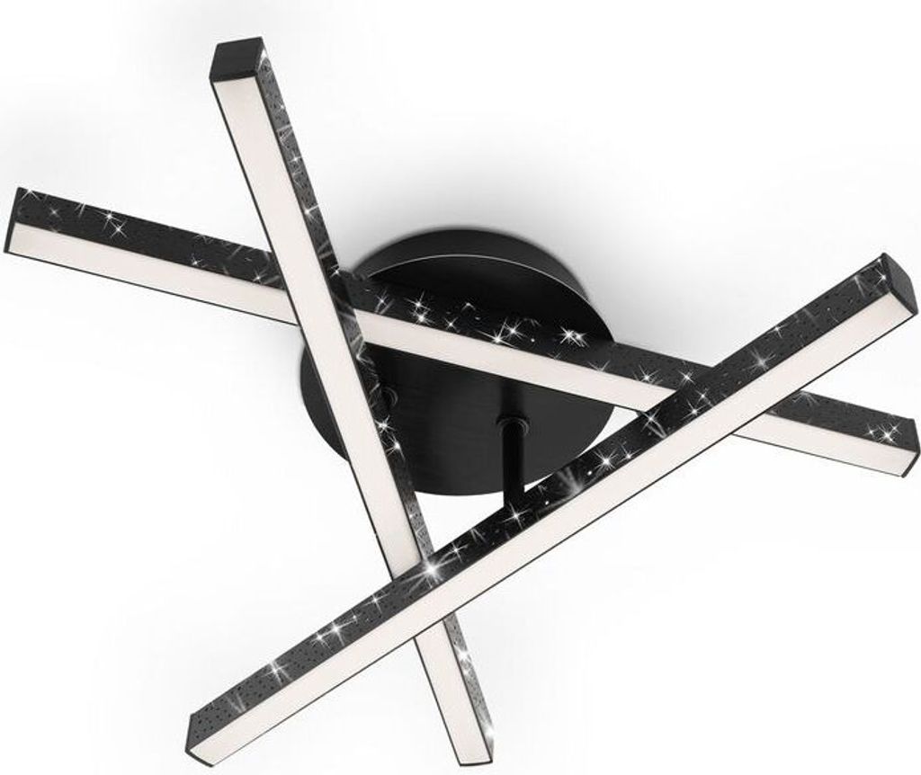 A modern LED ceiling light with multiple intersecting arms, each featuring integrated LED strips and a sparkling decorative effect.