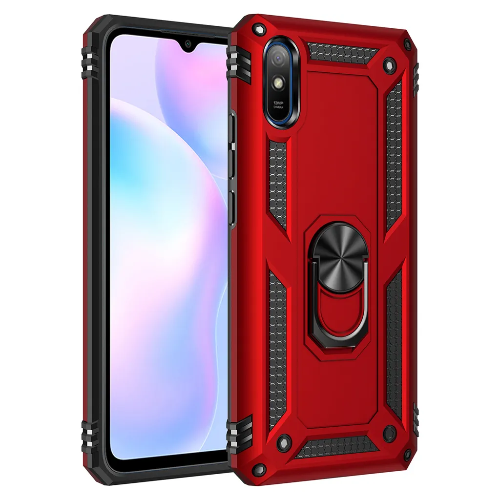 Custodia protettiva per Redmi 9A, custodia protettiva a due strati robusta e testata in ambito militare con supporto ad anello per Xiaomi Redmi 9A rosso