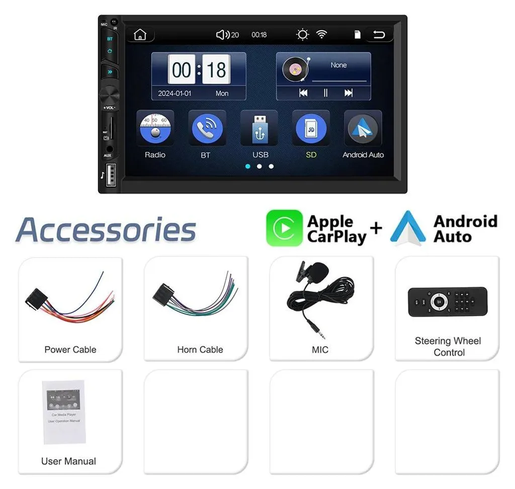 Station Multimédia 2-DIN avec Écran Tactile 7" et Bluetooth pour Voiture
