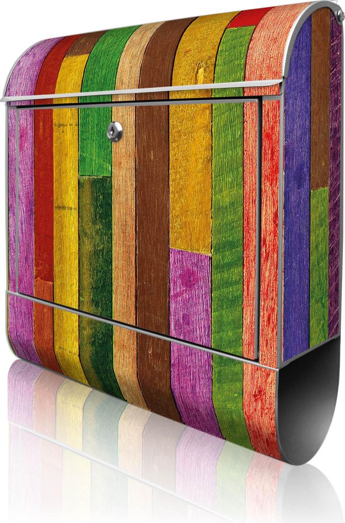 banjado Design Briefkasten Stahl silber mit Zeitungsfach pulverbeschichtet "Holz Collage Bunt" 38x46x12,5cm & 2 Schlüssel - Postkasten A4 Einwurf ...