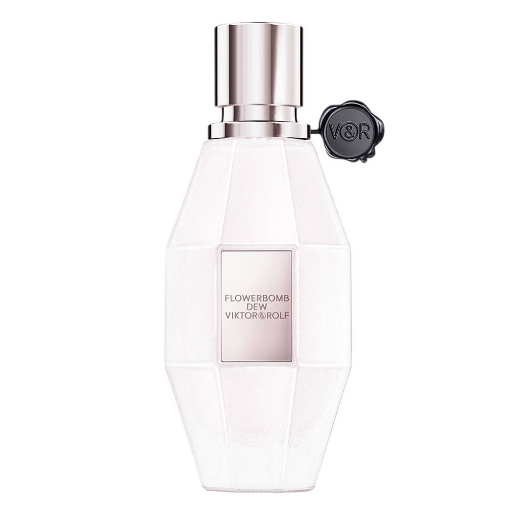A white Viktor & Rolf Flowerbomb Dew Eau de Parfum bottle with a silver cap and a black wax seal logo.