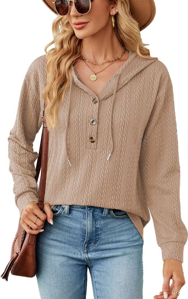 ASKSA Damen Kapuzenpullover Langarm Casual Einfarbig Hoodie Pullover Sweatshirt Oberteil mit Reissverschluss, Khaki, 2XL