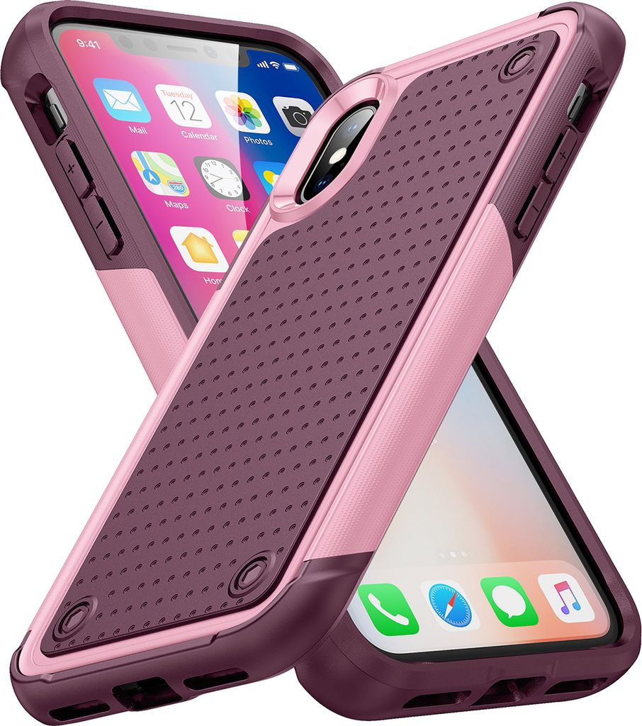 Für iPhone XS /iPhone X Hülle Militärqualität Stoßfest Hybrid 2 in 1 Hart PC Weich TPU Handyhülle Pink Rot