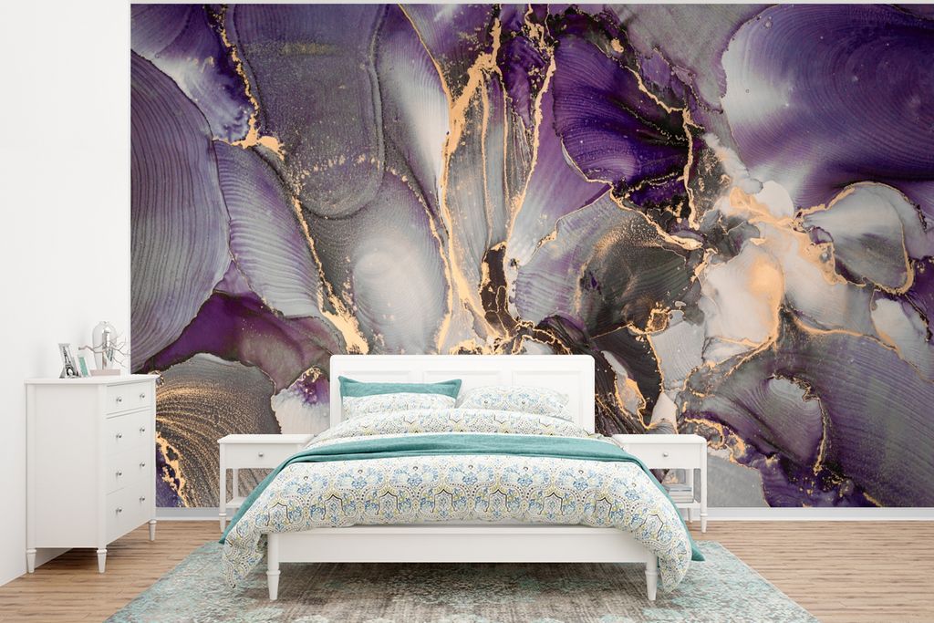 MuchoWow Fototapete für Wohnzimmer oder Schlafzimmer Wandtapete Vinyl Motivtapete Gold - Lila - Marmor - 400x300 cm - Papiertapeten