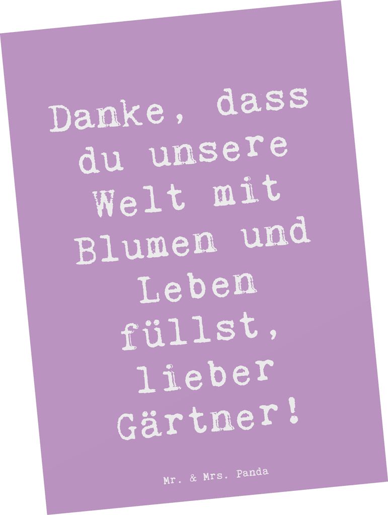 Mr. & Mrs. Panda Postkarte Spruch Gärtner Dankeschön - Lavendeltraum - Geschenk, Bedanken, Ansichtskarte, Aufmerksamkeit, Anerkennung, welt mit b...