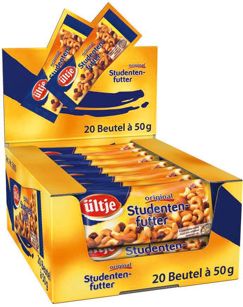A display box of ültje Studentenfutter snack packs.