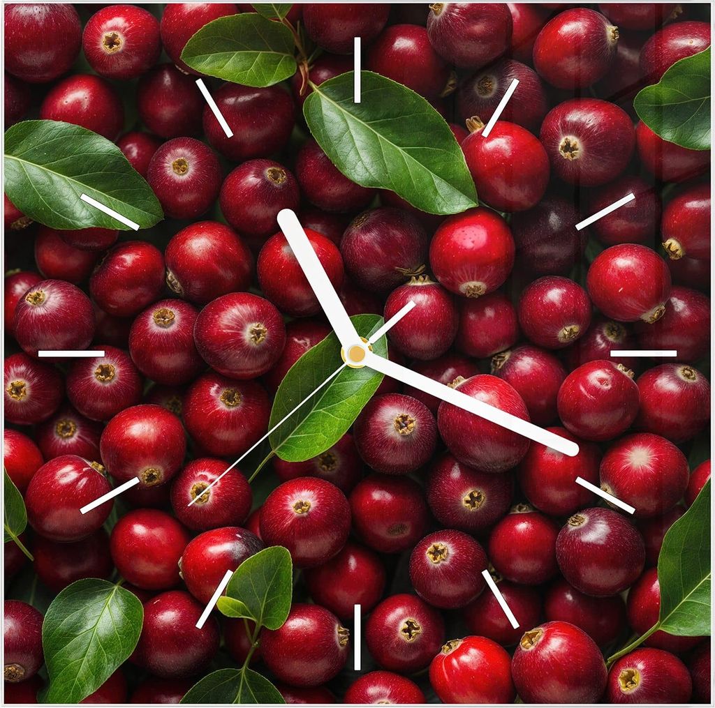 Wanduhr aus Glas mit Motiv Frische Preiselbeeren- 30 x 30 cm - inkl. Aufhängesystem