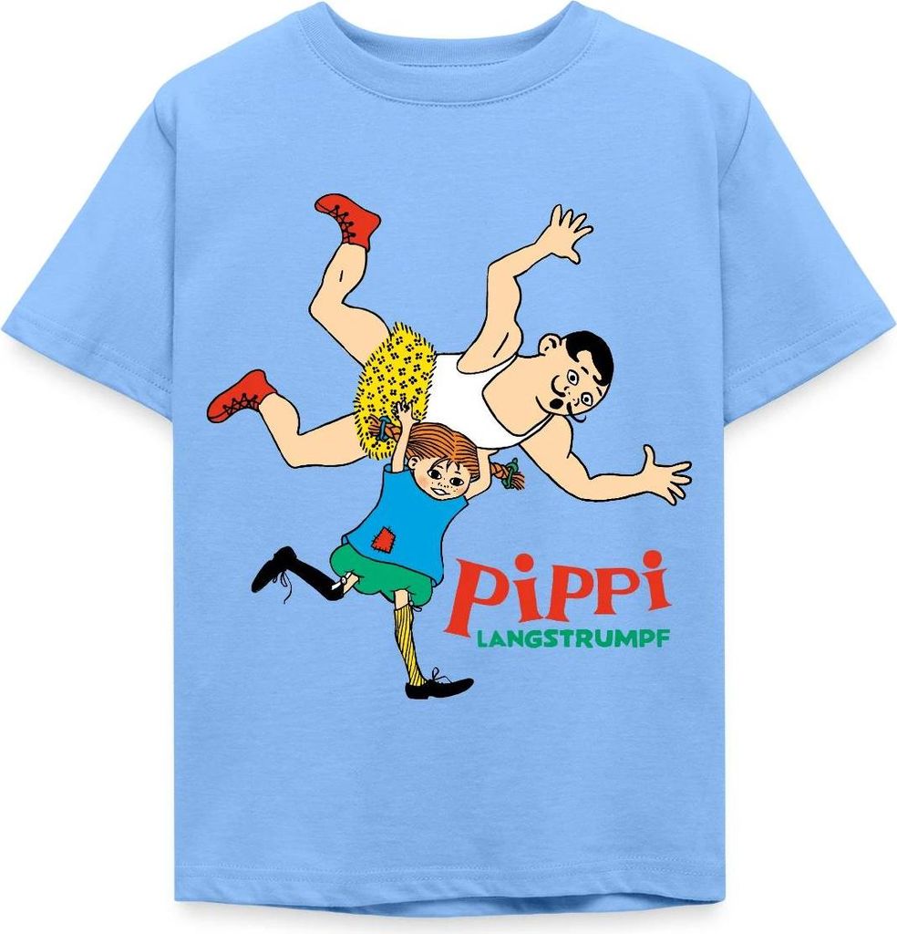 Spreadshirt Pippi Langstrumpf Pippi Ist Stark Kinder T-Shirt, 122/128 (7-8 Jahre), Himmelblau