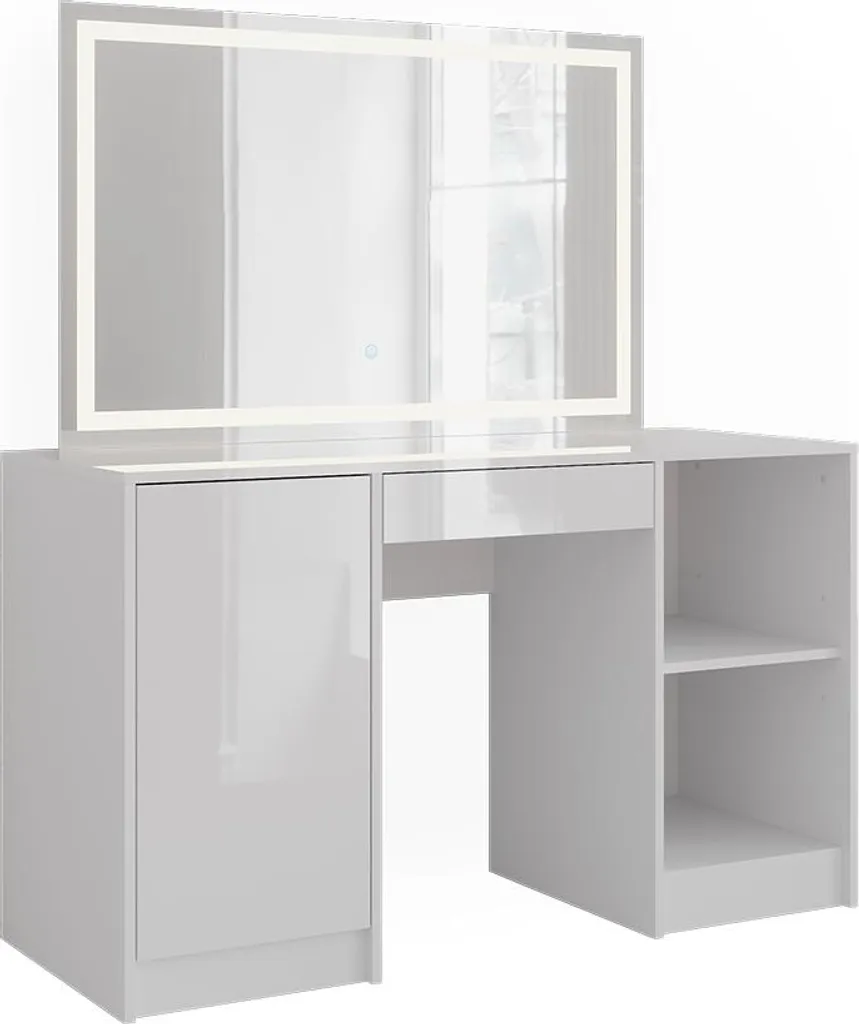 Table de maquillage Vicco Sherry blanc brillant avec grand miroir LED