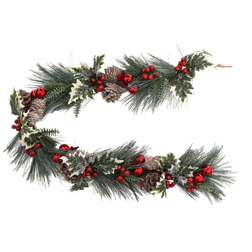 A Christmas garland with pine needles, pine cones, red berries, and frosted holly leaves.