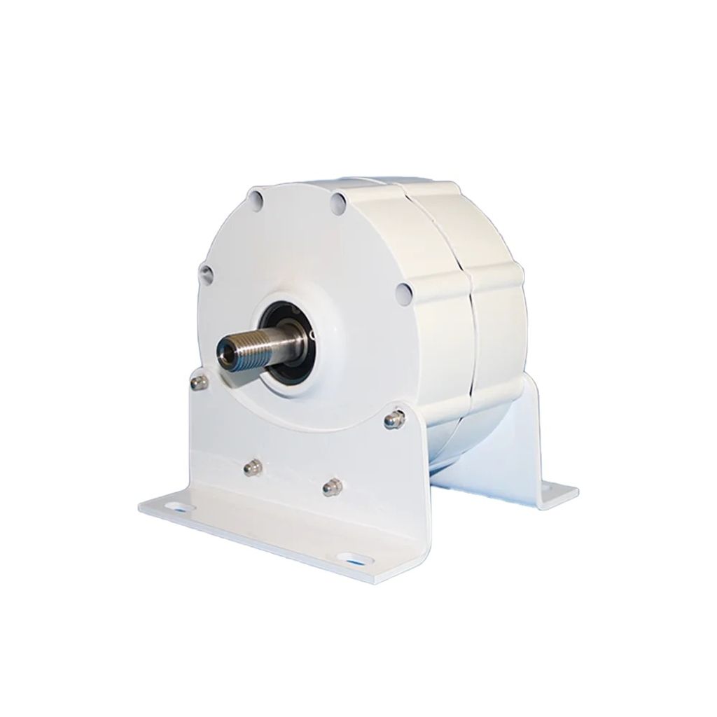 A white generator with a metal shaft and mounting base is shown against a white background.