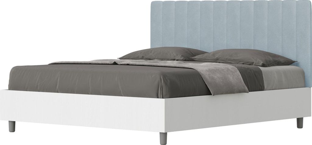 ITYHOME - Bett mit Bettkasten 160x200 Bettgestell Esche weiß Bett-Kopfteil mit Mikrofaserbezug Himmelblau Kaia