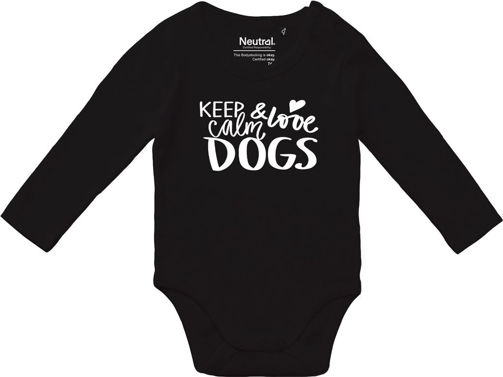 Huuraa Baby Body Keep calm and love Dogs 68 Black Baumwolle Fairtrade Langarmbody Geschenkidee