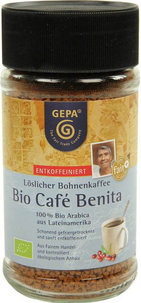 A jar of instant coffee with product information and branding.