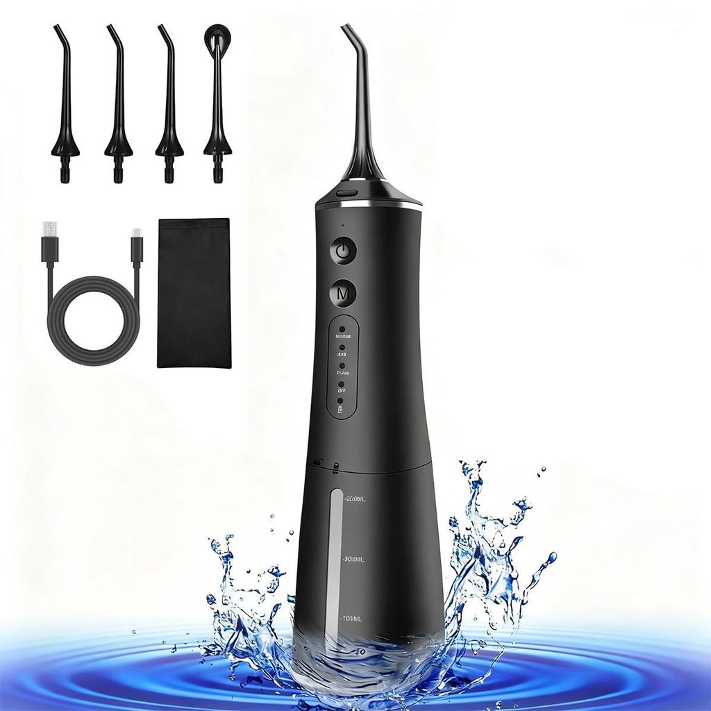 Munddusche, 360° verstellbare Zahndusche, 4-Geschwindigkeitsmodus, IPX8, 300 ml, geeignet für unterschiedliche Mundempfindlichkeiten