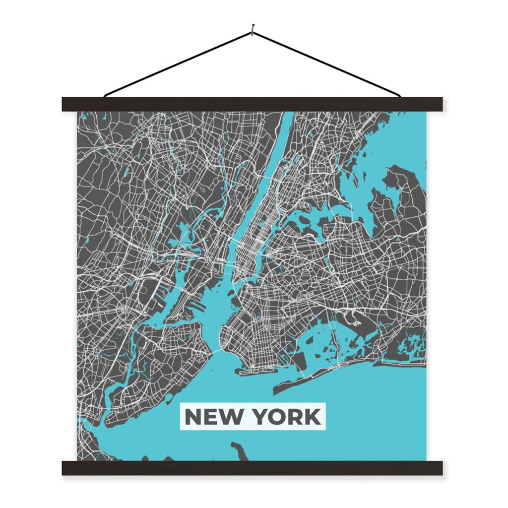 MuchoWow Textilposter Stadtplan - Blau - New York - Karte 40x40 cm mit schwarzem Rahmen - Fotos