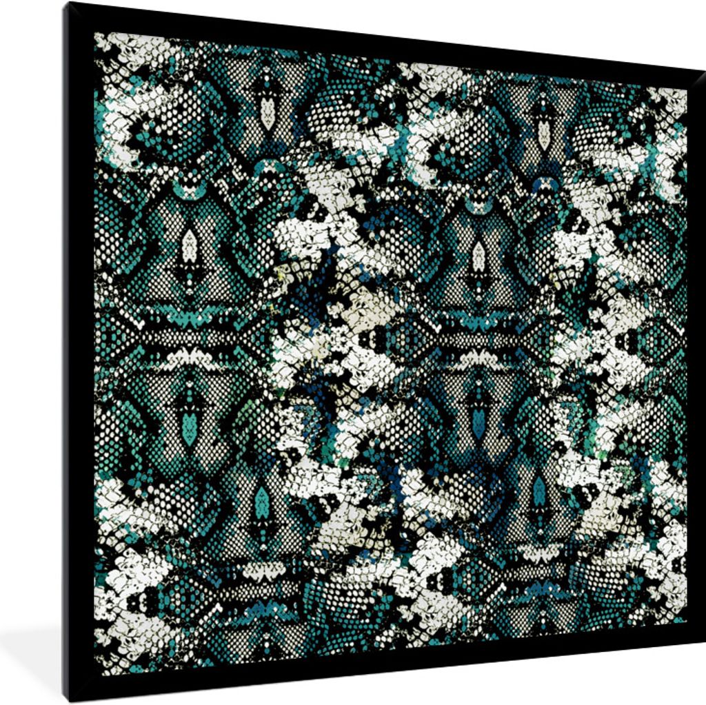 MuchoWow Gerahmtes Poster Tiermuster - Weiß - Türkis - Schuppen 40x40 cm - Poster mit Schwarzem Bilderrahmen Wandposter Rahmen Foto Bilder - Mi...