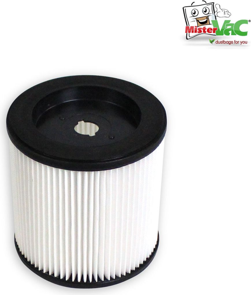 A vacuum cleaner filter with a black top and pleated white filter material, against a white background. A logo for 'Mister Vac' is in the top right corner.