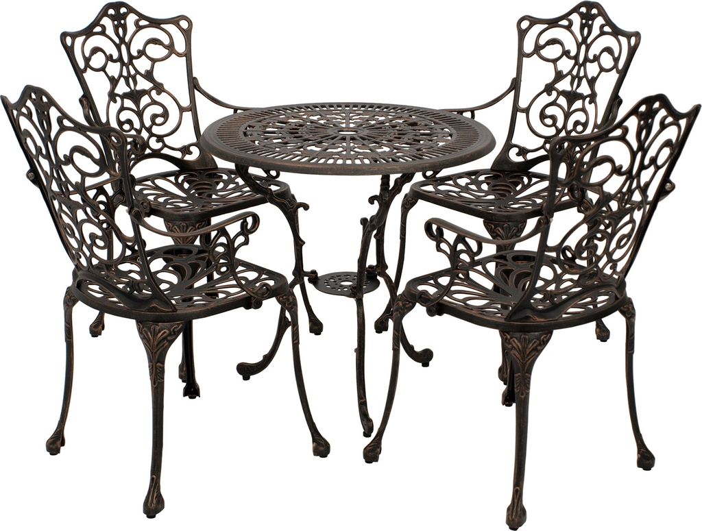 A bronze-colored cast aluminum bistro set with a round table and four chairs, presented on a white background.