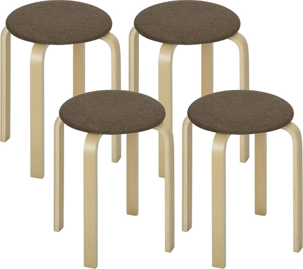 Polsterhocker im 4er-Set, stapelbar, lackierte Oberfläche, Holzbeine, Braun