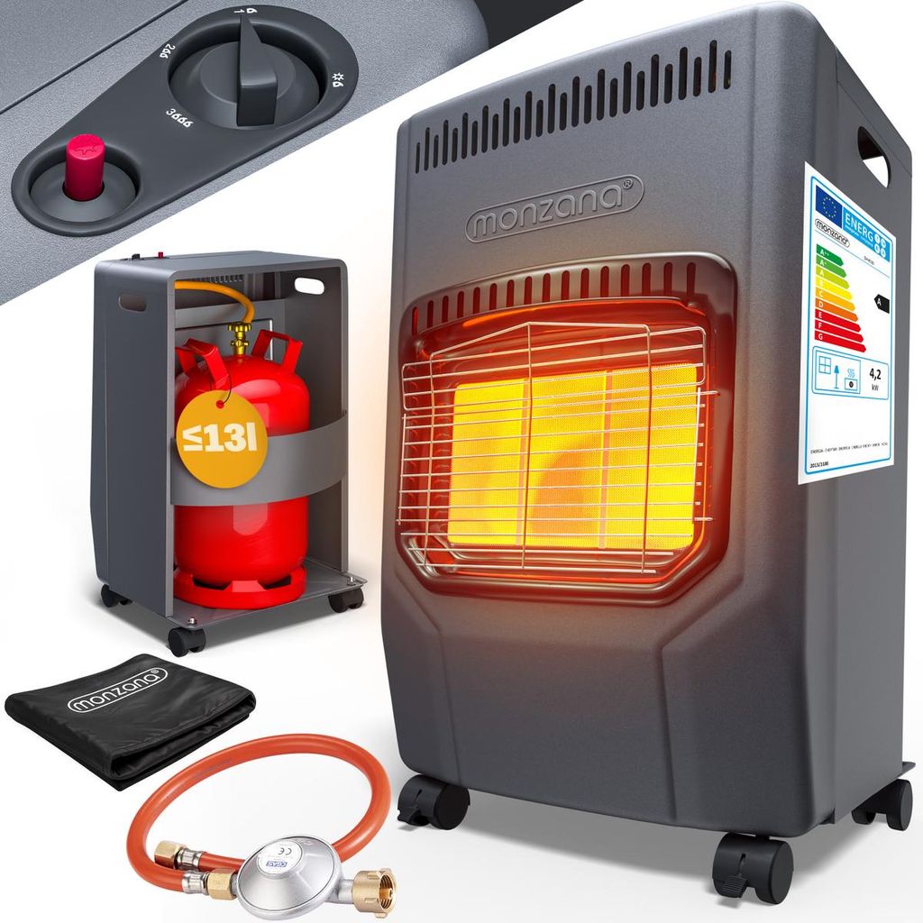 MONZANA Gasheizung GH4500 Innenräume 4200W Gasofen 3 Heizstufen inkl. 50cm Gasschlauch Gasdruckregler Keramikheizplatten Camping Gasheizofen mobil