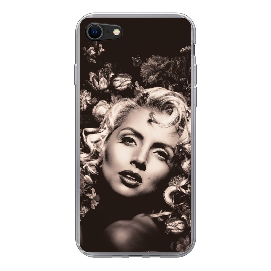 MuchoWow Handyhülle Schutzhülle Hülle für iPhone SE 2020 Frau - Blumen - Schmetterling Silikon Softcase Handy Hülle - Kartenbesitzer