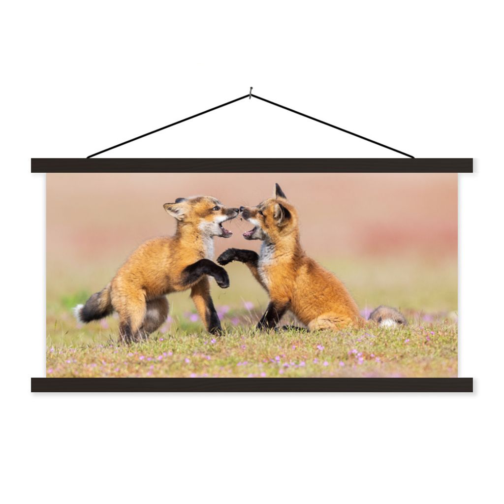 MuchoWow Textilposter Füchse - Blumen - Porträt 90x45 cm mit schwarzem Rahmen - Klemmleisten