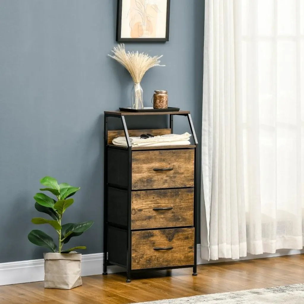 Petite commode 3 tiroirs en tissu marron rustique cadre acier robuste - 2