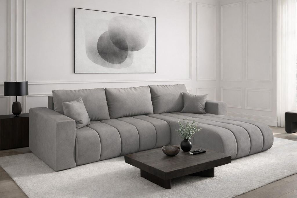 Kaiser Möbel Ecksofa mit schlaffunktion und bettkasten MILO PREMIUM, stoff MONOLITH, Hellgrau, Rechts