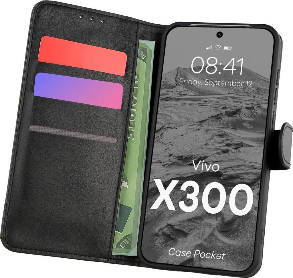 Handyhülle mit Klappe für Vivo X300, Bizon Case Pocket, Schwarz