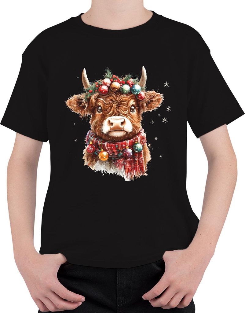 Highland Kuh Weihnachtskranz Weihnachtskugeln Schal Schneeflocken Uni Kinder T-Shirt, Schwarz, 128