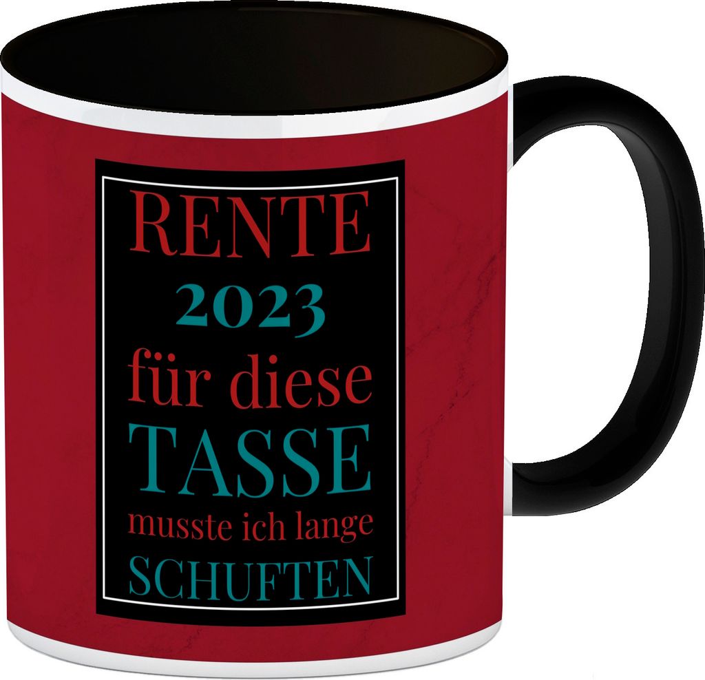 Rente 2023 Kaffeebecher in schwarz eine bunte Tasse für Rentner in rot