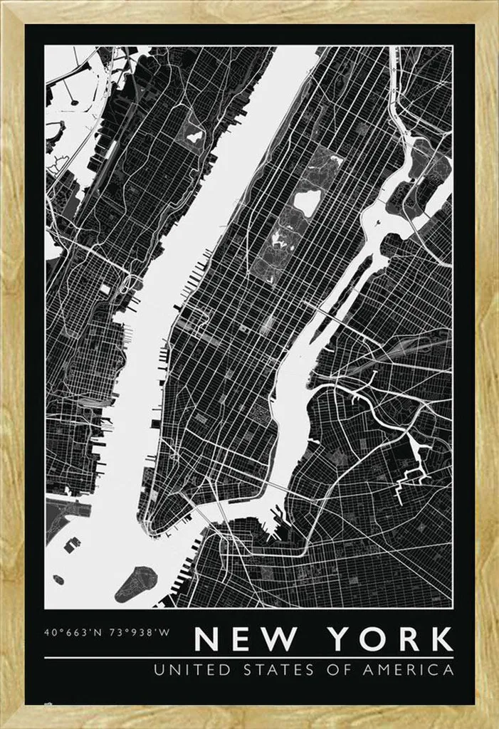 Mappa New York con Cornice Shinsuke® - MDF Faggio e Vetro Acrilico