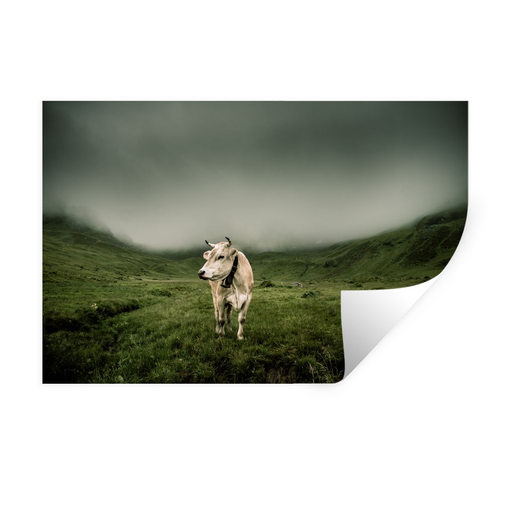 MuchoWow Wandtattoo Wandsticker Wandaufkleber Kuh - Berg - Nebel 60x40 cm Selbstklebend und Repositionierbar - Wierderverwendbar - Selbstklebend