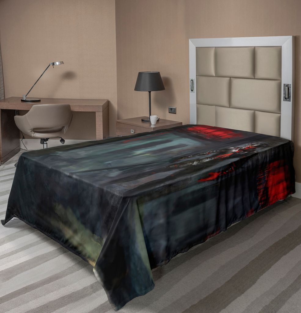 ABAKUHAUS Fantasy World Bettlaken, Fiktiver Reverent Charakter Im Feuer Tempel Dunkle Gotiker Dämonische Teufel Druck, weiches bequemes oberes Bet...